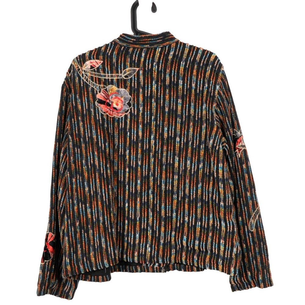 Floral Tapestry Jacket XL Striped Mandarin Collar Applique Boho Lagenlook Black - Picture 7 of 7